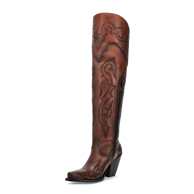 Dan Post Seductress women's boots. Chestnut brown leather with a glossy finish, tall shaft, and snip toe. Embossed design, side zipper, and angled chunky heel.
