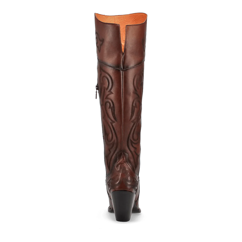 Dan Post Women's Seductress boots. Tall, chestnut leather with a snip toe and subtle stitching. Lined interior, curved heel with a pointed end. Stylish and sophisticated design.
