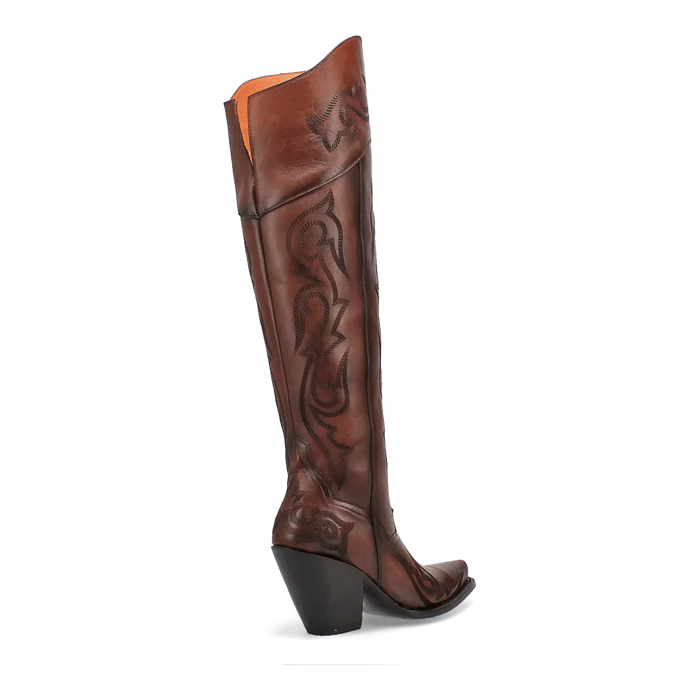 Dan Post Seductress boots: Chestnut leather, tall, snip toe, embroidered shaft. Stacked triangular heel. Orange lining. Stylish, sophisticated women's boots.

