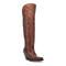 Dan Post Seductress boots in chestnut. Women's tall leather boots with embroidered design, snip toe, and slanted heel. Brown leather construction.
