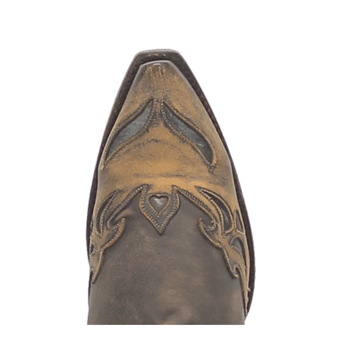 Dan Post women's vintage bluebird boots with a snip toe and chocolate brown distressed leather upper. Features heart/leaf stitching and a sturdy, contrasting sole.
