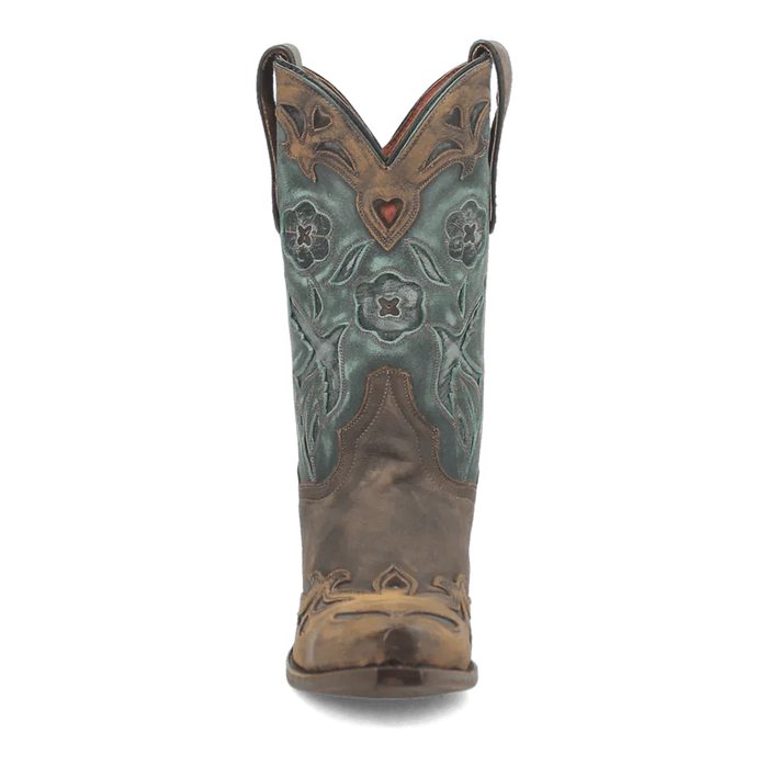 Dan Post Women's Vintage Bluebird boots. Tall shaft with peaked top. Textured blue upper with floral patterns, chocolate-brown leather base and snip toe.
