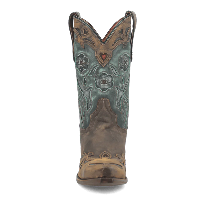Dan Post Women's Vintage Bluebird boots. Tall shaft with peaked top. Textured blue upper with floral patterns, chocolate-brown leather base and snip toe.
