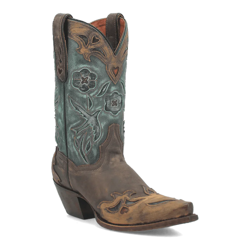 Dan Post women's boots: Vintage brown leather with turquoise upper. Snip toe, stacked heel. Embossed floral and whimsical patterns on the shaft.
