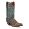 Dan Post women's boots: Vintage brown leather with turquoise upper. Snip toe, stacked heel. Embossed floral and whimsical patterns on the shaft.
