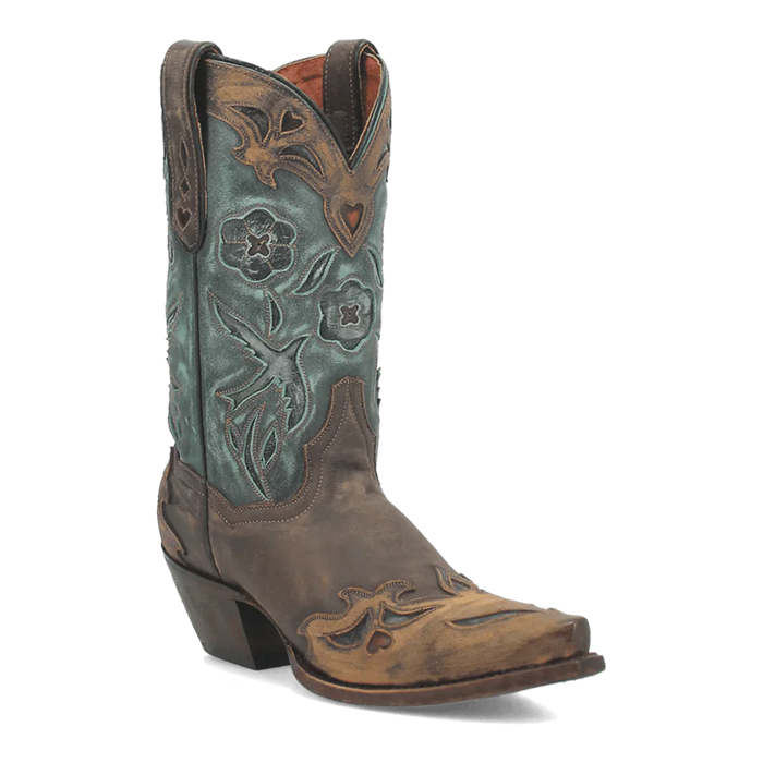 Dan Post women's boots: Vintage brown leather with turquoise upper. Snip toe, stacked heel. Embossed floral and whimsical patterns on the shaft.
