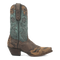 Dan Post women's Bluebird boots. Vintage style with snip toe and chunky heel. Brown base, turquoise upper with floral embossing. Leather construction.

