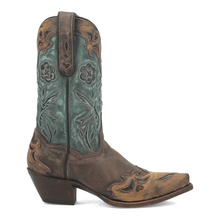 Dan Post women's Bluebird boots. Vintage style with snip toe and chunky heel. Brown base, turquoise upper with floral embossing. Leather construction.
