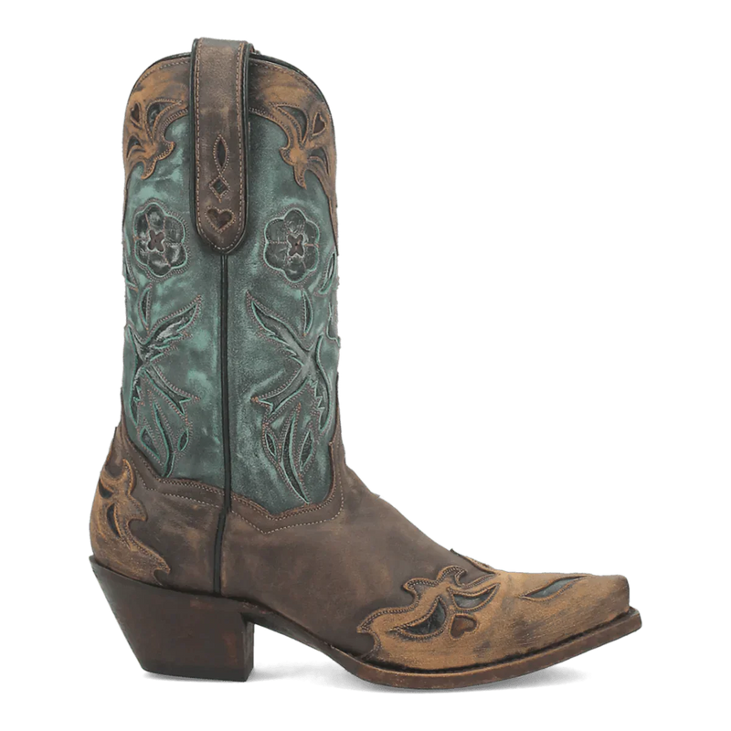 Dan Post women's Bluebird boots. Vintage style with snip toe and chunky heel. Brown base, turquoise upper with floral embossing. Leather construction.
