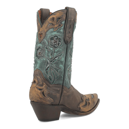 Dan Post Women's Vintage Bluebird boots. Snip toe, chocolate base, turquoise upper with embroidered floral/leaf patterns. Chunky, curved heel. All-leather construction.
