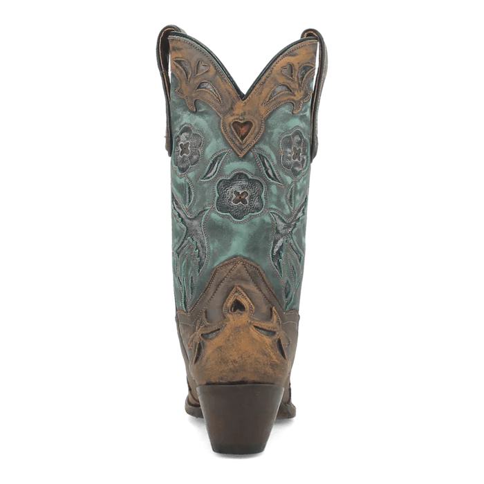 Dan Post Women's Vintage Bluebird boots. Turquoise leather upper with floral embroidery, chocolate brown base, snip toe, contoured top with cutouts, and moderate heel.
