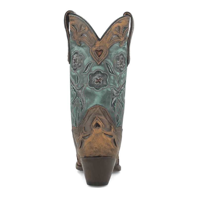 Dan Post Women's Vintage Bluebird boots. Turquoise leather upper with floral embroidery, chocolate brown base, snip toe, contoured top with cutouts, and moderate heel.
