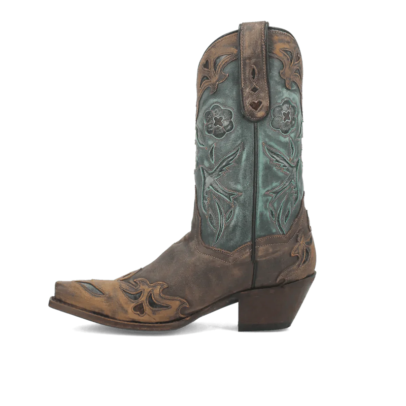 Dan Post Bluebird women's boots. Chocolate leather base, blue floral shaft with curved top. Snip toe design with a pointed profile. Chunky, angled heel for a structured look.
