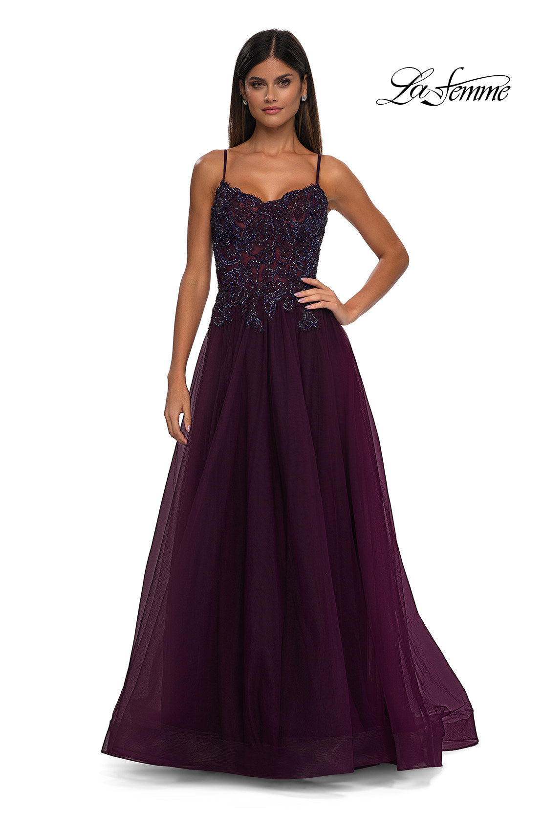 La Femme 32646 Lace Applique Sleeveless Prom Gown