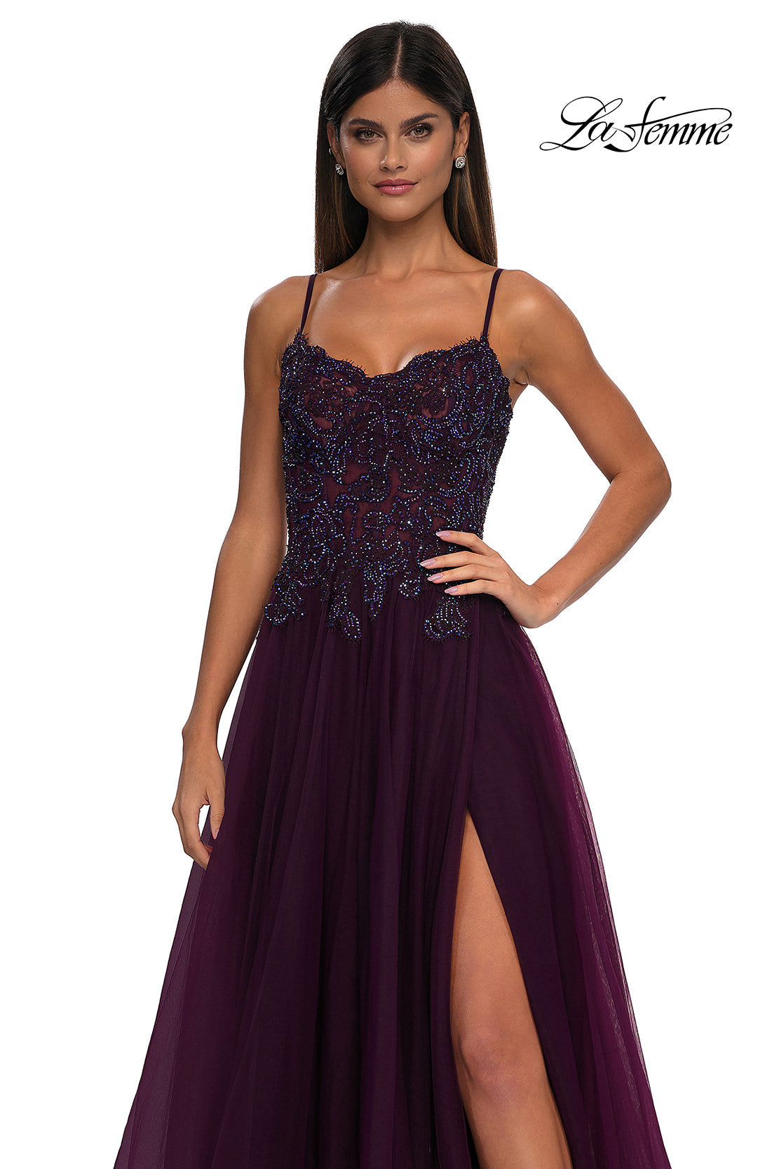 La Femme 32646 Lace Applique Sleeveless Prom Gown