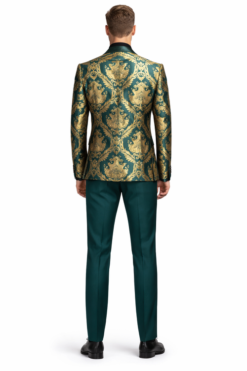 Dark Green Tuxedo - Men's Shiny Paisley Jacquard Vested Wedding Emerald green Prom Tuxedo