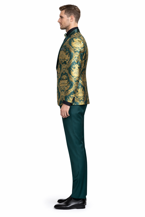 Dark Green Tuxedo - Men's Shiny Paisley Jacquard Vested Wedding Emerald green Prom Tuxedo