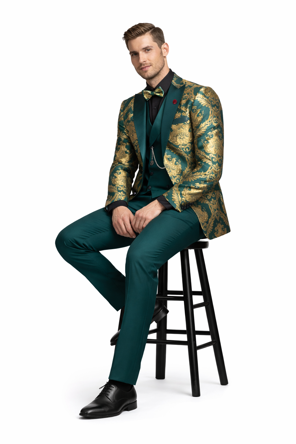 Dark Green Tuxedo - Men's Shiny Paisley Jacquard Vested Wedding Emerald green Prom Tuxedo