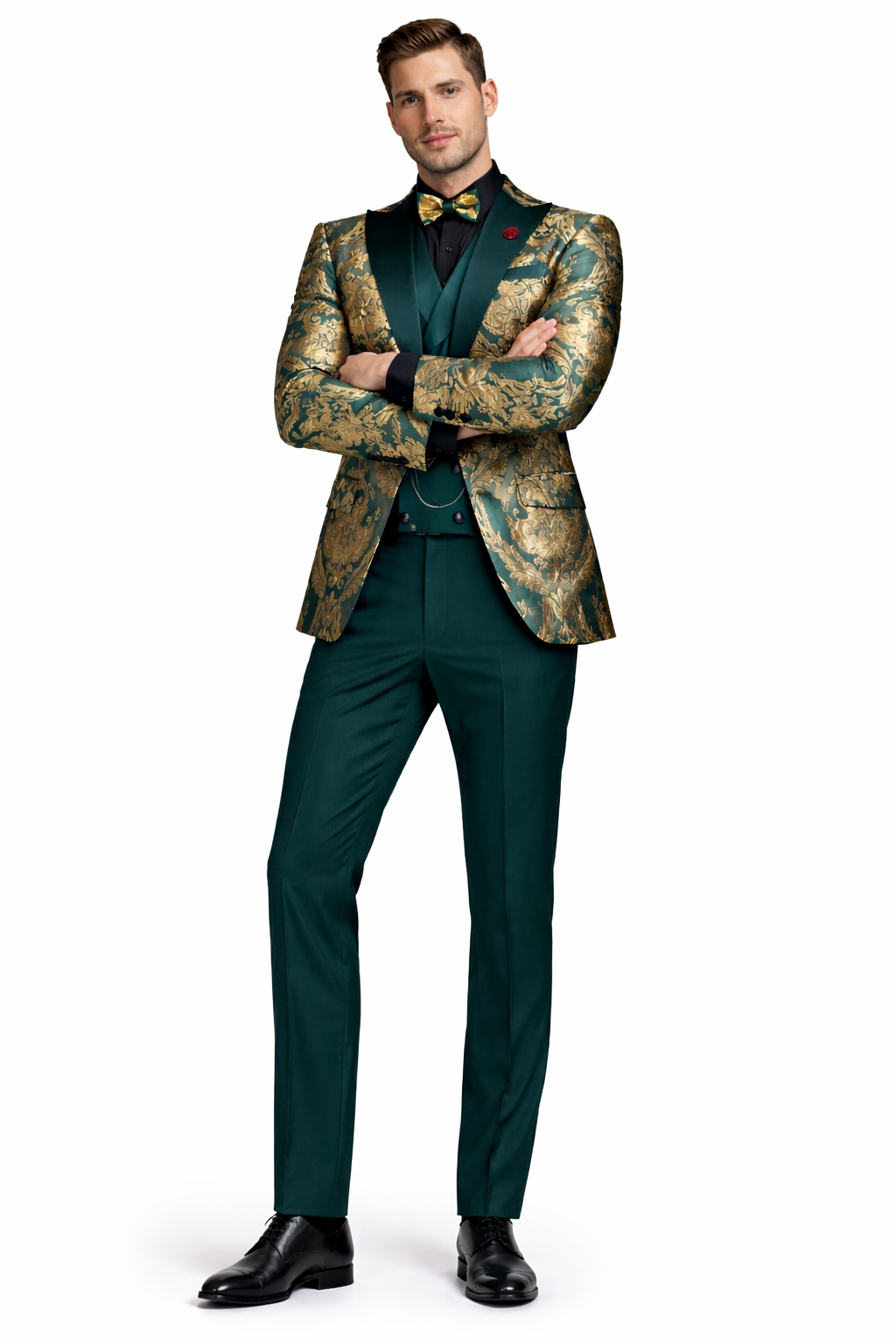 Dark Green Tuxedo - Men's Shiny Paisley Jacquard Vested Wedding Emerald green Prom Tuxedo