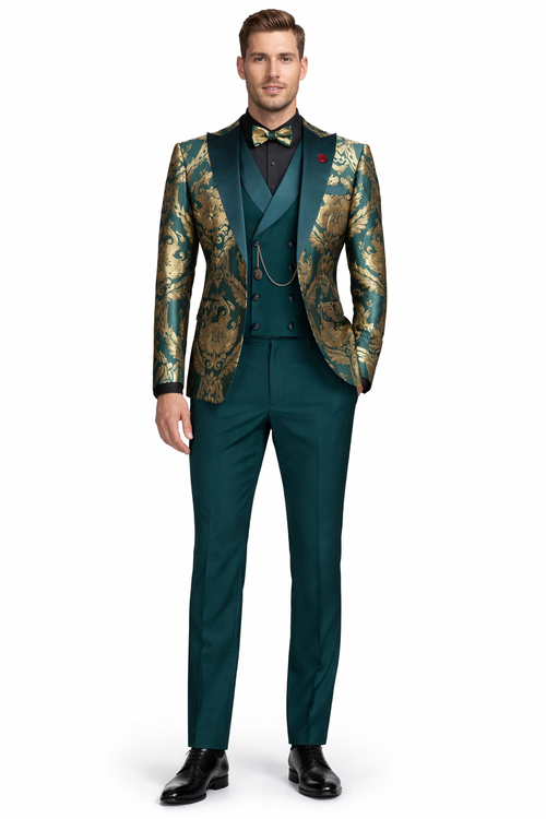 Dark Green Tuxedo - Men's Shiny Paisley Jacquard Vested Wedding Emerald green Prom Tuxedo