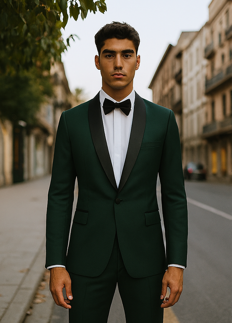 Dark Green Tuxedo - Mens Traditional Slim Fit Shawl Collar Hunter Green Chest Pocket Tuxedo
