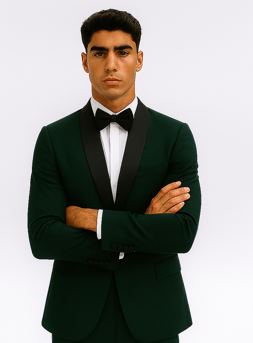 Dark Green Tuxedo - Mens Traditional Slim Fit Shawl Collar Hunter Green Chest Pocket Tuxedo