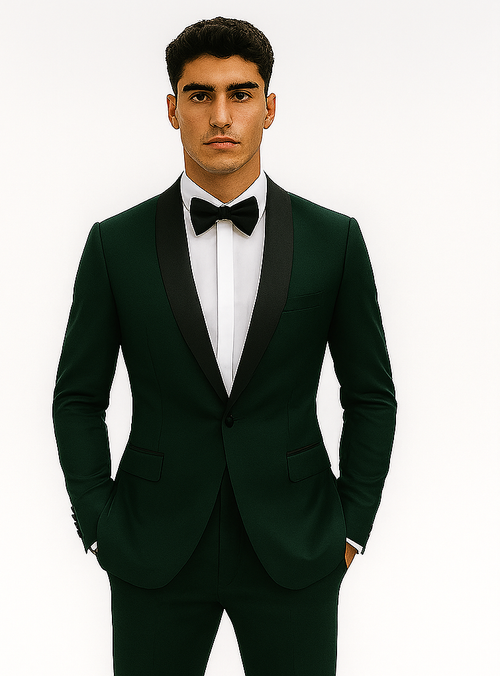 Dark Green Tuxedo - Mens Traditional Slim Fit Shawl Collar Hunter Green Chest Pocket Tuxedo