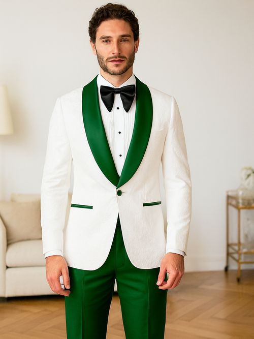 Dark green Tuxedo - Men's Vested White Paisley Wedding & Prom Hunter Green Tuxedo