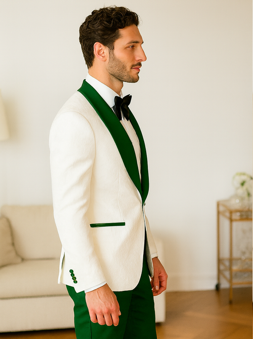 Dark green Tuxedo - Men's Vested White Paisley Wedding & Prom Hunter Green Tuxedo