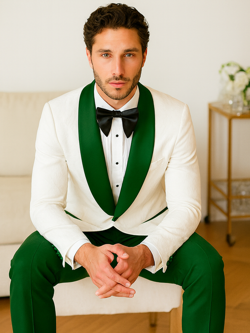 Dark green Tuxedo - Men's Vested White Paisley Wedding & Prom Hunter Green Tuxedo