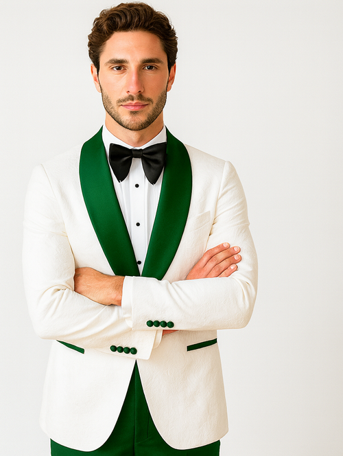 Dark green Tuxedo - Men's Vested White Paisley Wedding & Prom Hunter Green Tuxedo