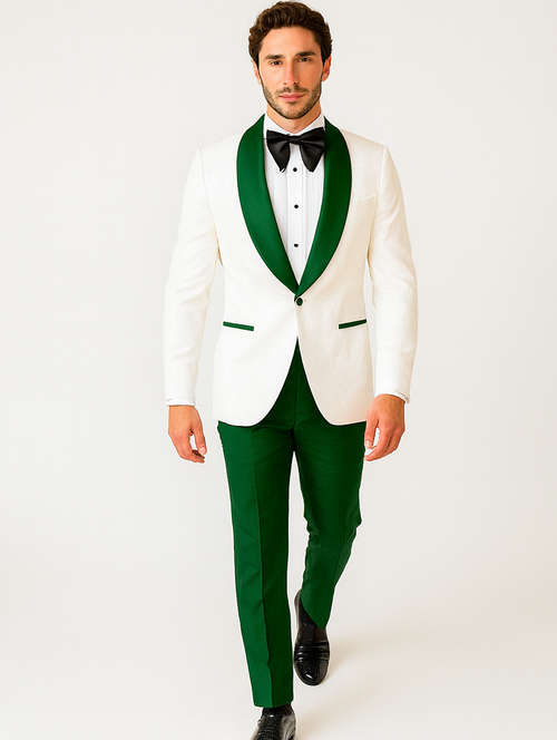 Dark green Tuxedo - Men's Vested White Paisley Wedding & Prom Hunter Green Tuxedo