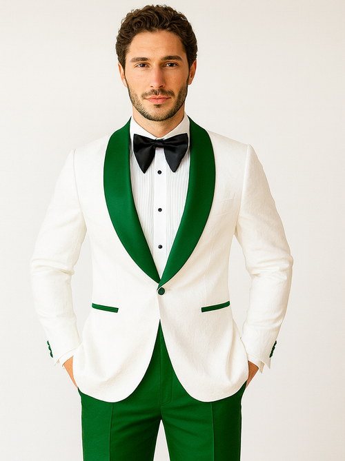 Dark green Tuxedo - Men's Vested White Paisley Wedding & Prom Hunter Green Tuxedo
