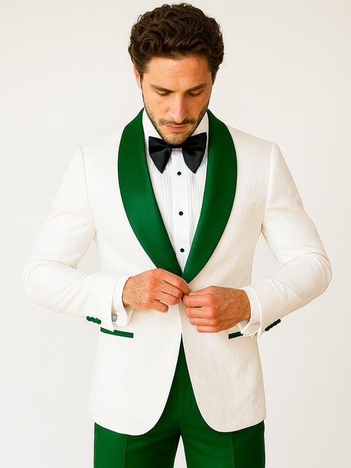 Dark green Tuxedo - Men's Vested White Paisley Wedding & Prom Hunter Green Tuxedo