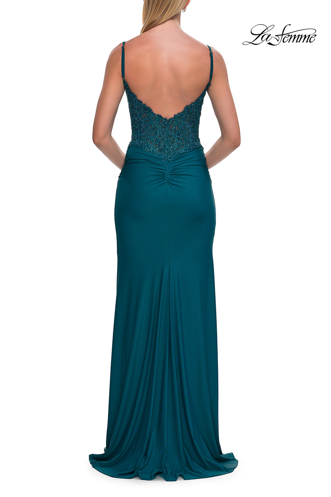 La Femme 33439 Rhinestone Lace V-Neckline Prom Dress