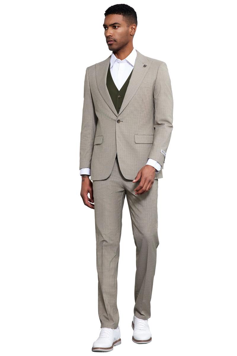 Stacy Adams men's suit: micro check vest with matching pants. Light beige & brown tones. Structured blazer design, peak lapel, one-button vest, and white dress shirt complete the look.
