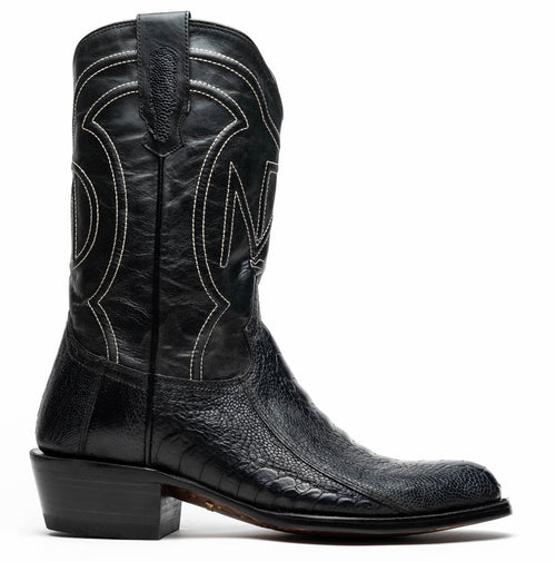 Black Marco Di Milano Denver cowboy boots. Black ostrich leg exterior with detailed white stitching. Round toe, tall shaft, and stacked heel for stability.
