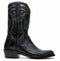 Black Marco Di Milano Denver cowboy boots. Black ostrich leg exterior with detailed white stitching. Round toe, tall shaft, and stacked heel for stability.
