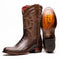 Marco Di Milano Denver cowboy boots. Clear brown ostrich leg with round toe, tall shaft, and dark brown leather upper. Detailed stitching, wood sole, and red inner lining.

