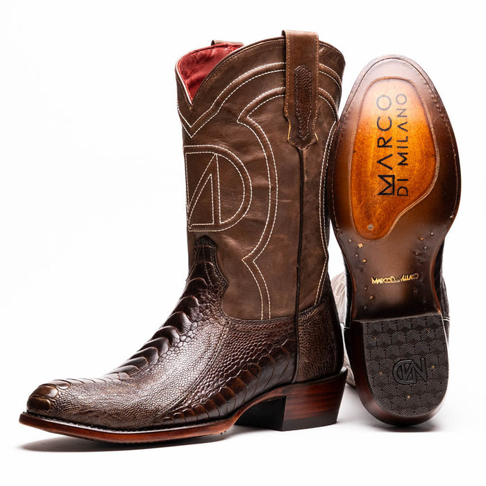 Marco Di Milano Denver cowboy boots. Clear brown ostrich leg with round toe, tall shaft, and dark brown leather upper. Detailed stitching, wood sole, and red inner lining.
