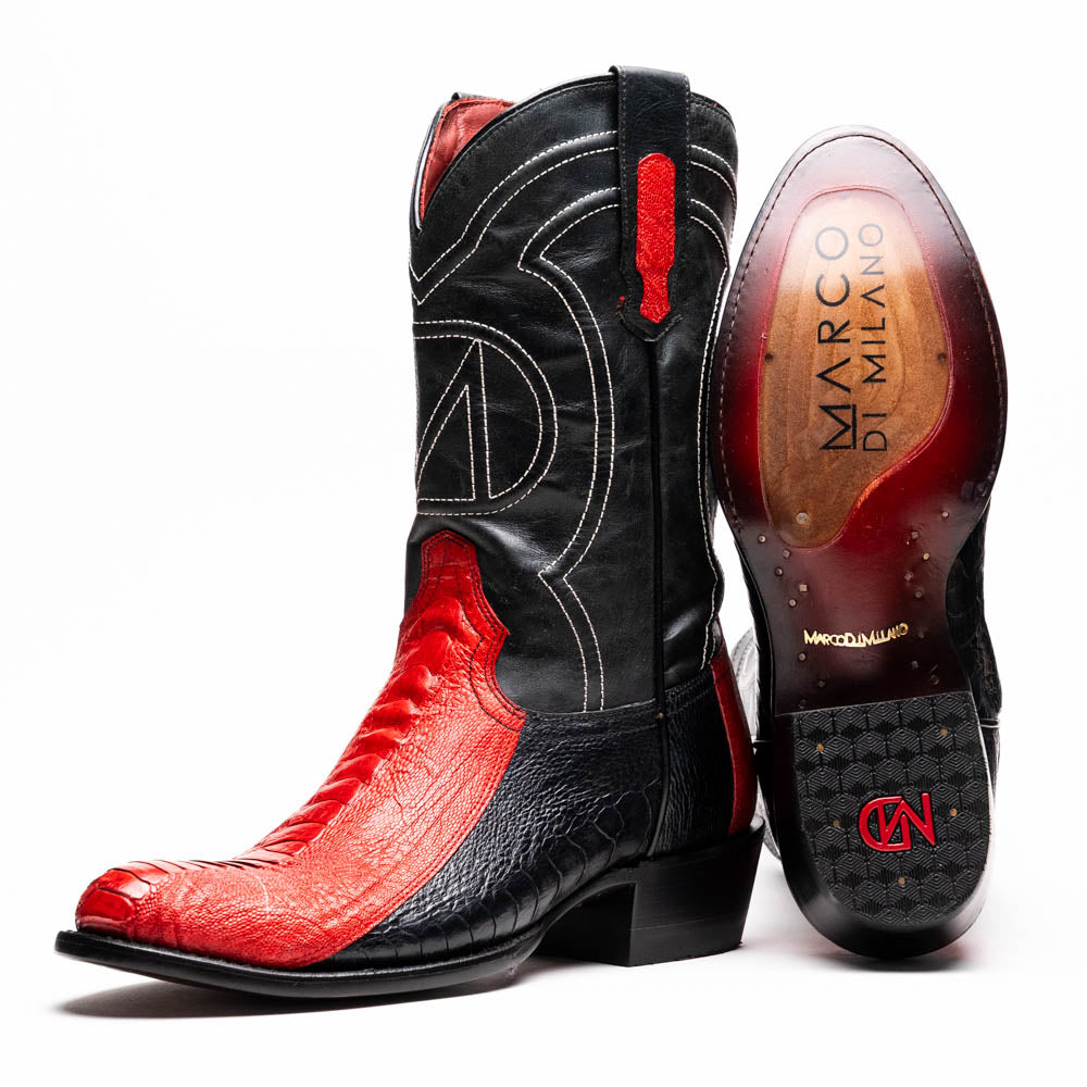 Marco Di Milano Denver Red / Black Ostrich Leg Round Toe Cowboy Boots