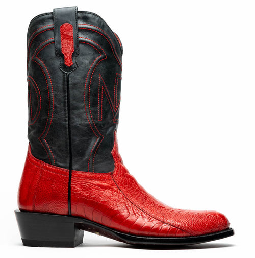Vibrant red Marco Di Milano Denver cowboy boots. Ostrich leg upper, black leather shaft with "DM" stitching. Round toe, stacked heel.
