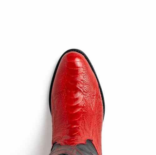 Marco Di Milano Denver red cowboy boots. Crafted from vibrant red ostrich leg leather with a textured pattern and round toe. Sleek silhouette with contrasting black sole.
