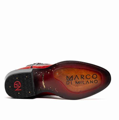 Red ostrich leg cowboy boots. Smooth leather sole with branding and textured black rubber outsole for grip. Darker heel for contrast.

