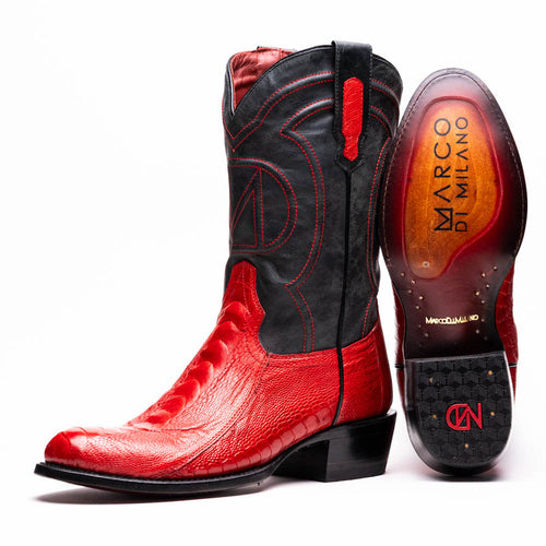 Marco Di Milano Denver cowboy boots. Red ostrich leg and black material. Round toe, structured silhouette. Decorative stitching, pull tabs. Textured soles with brand logo.
