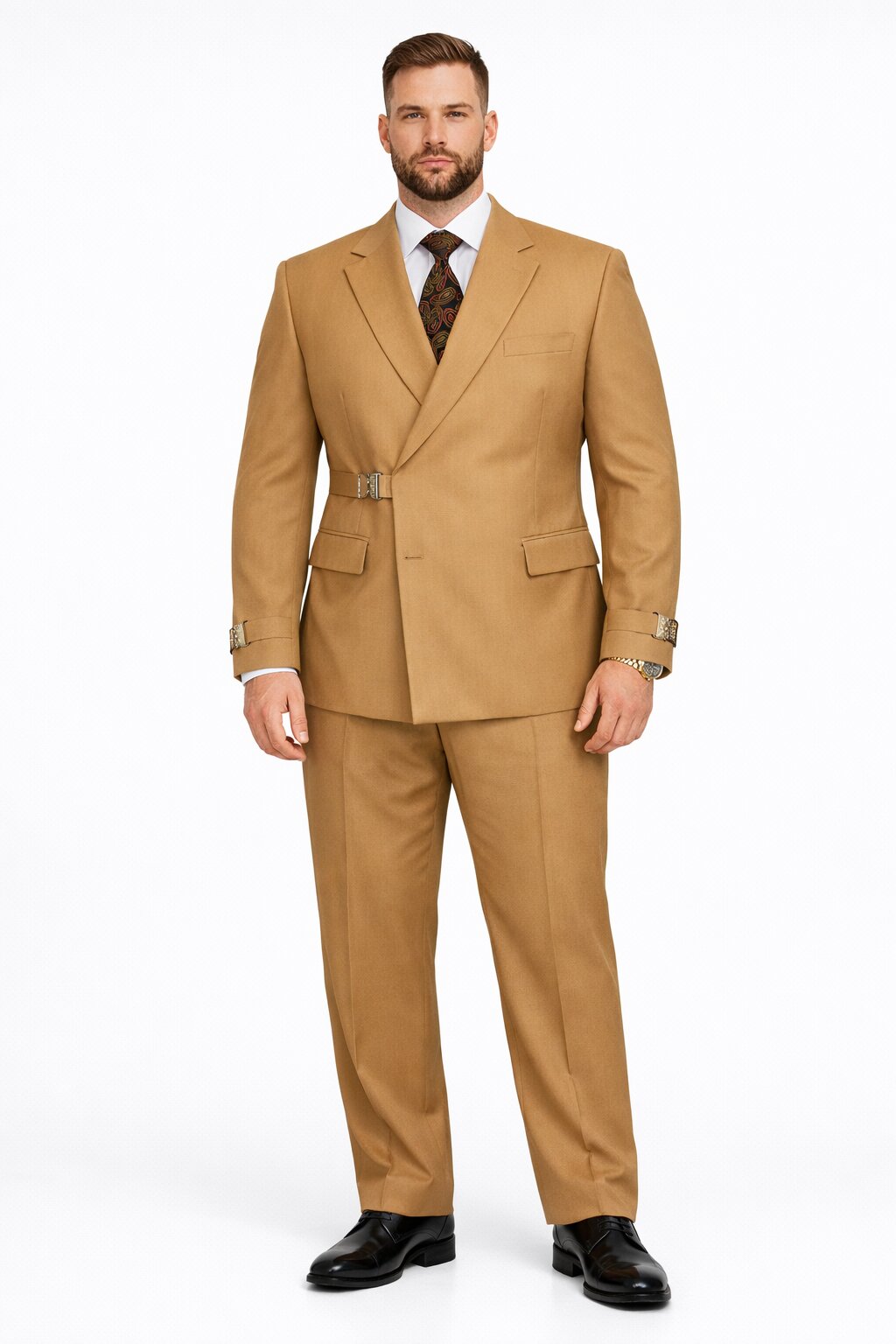 Men’s Camel Double Breasted Wool Suit with Metal Buckle Closure