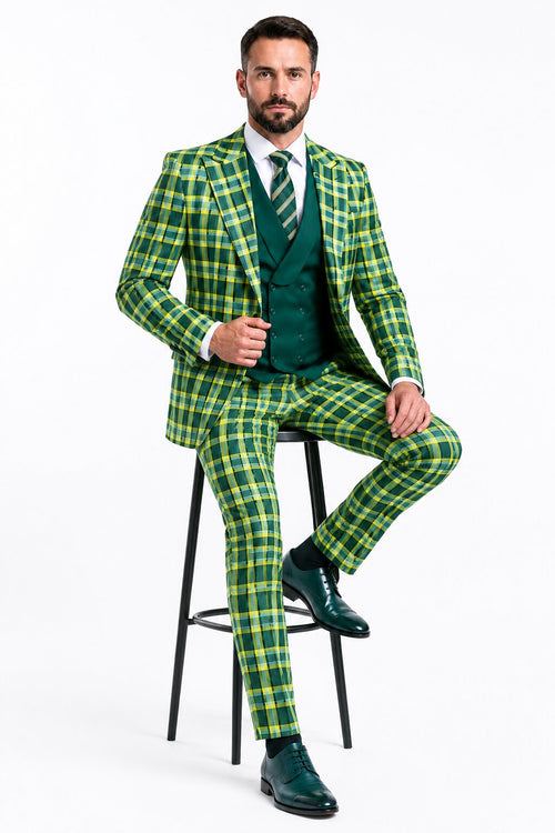 Men's Designer One Button Peak Lapel Italian Wool Suit with Double Breasted Vest in Hunter Green Plaid