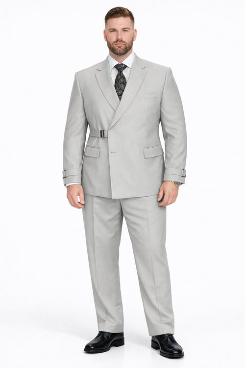 Men’s Light Grey Double Breasted Modern Designer Tailored Fit Wool Suit with Metal Buckle Closure