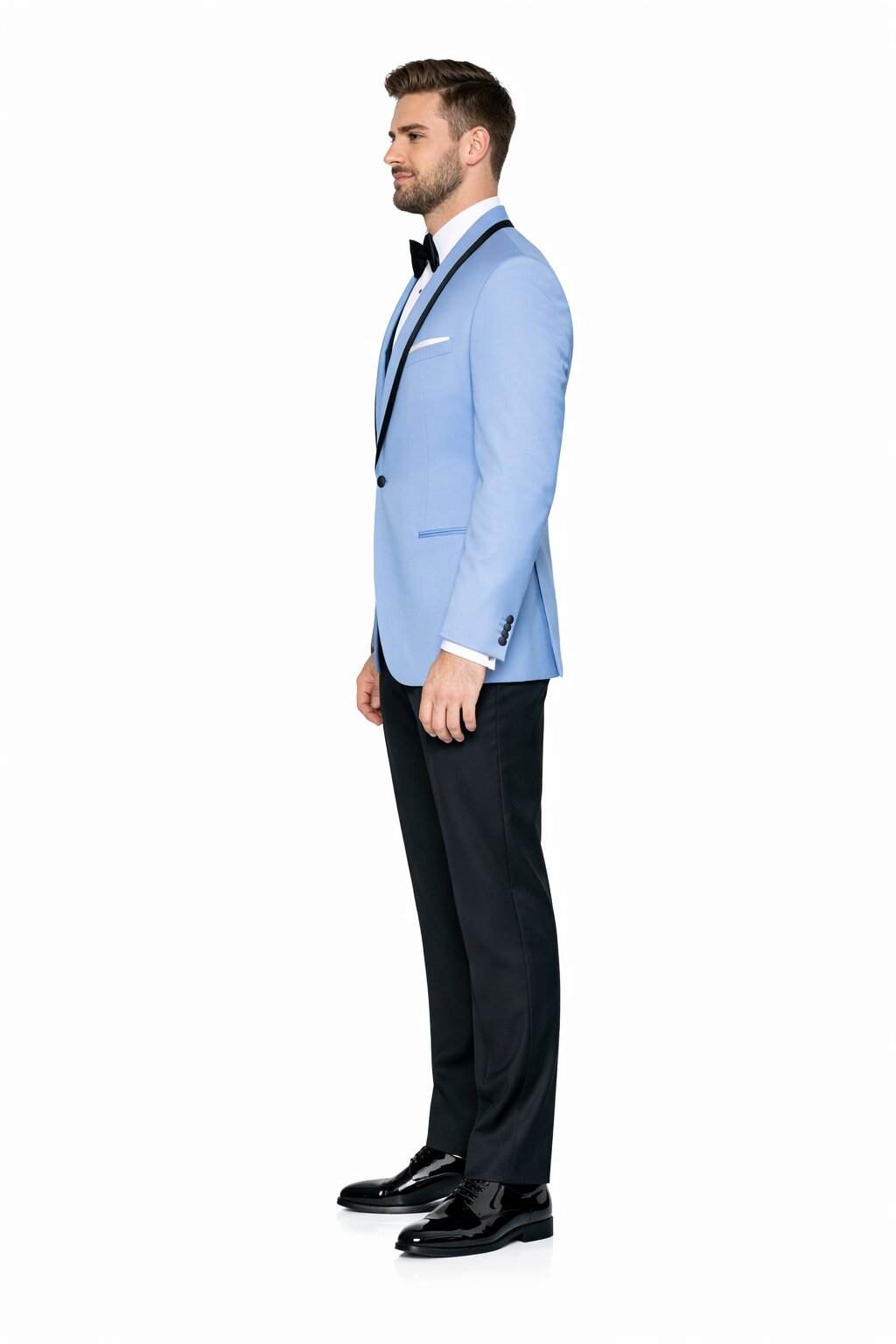 Mens Designer Satin Trim Valencia Shawl Tuxedo in Sky Blue