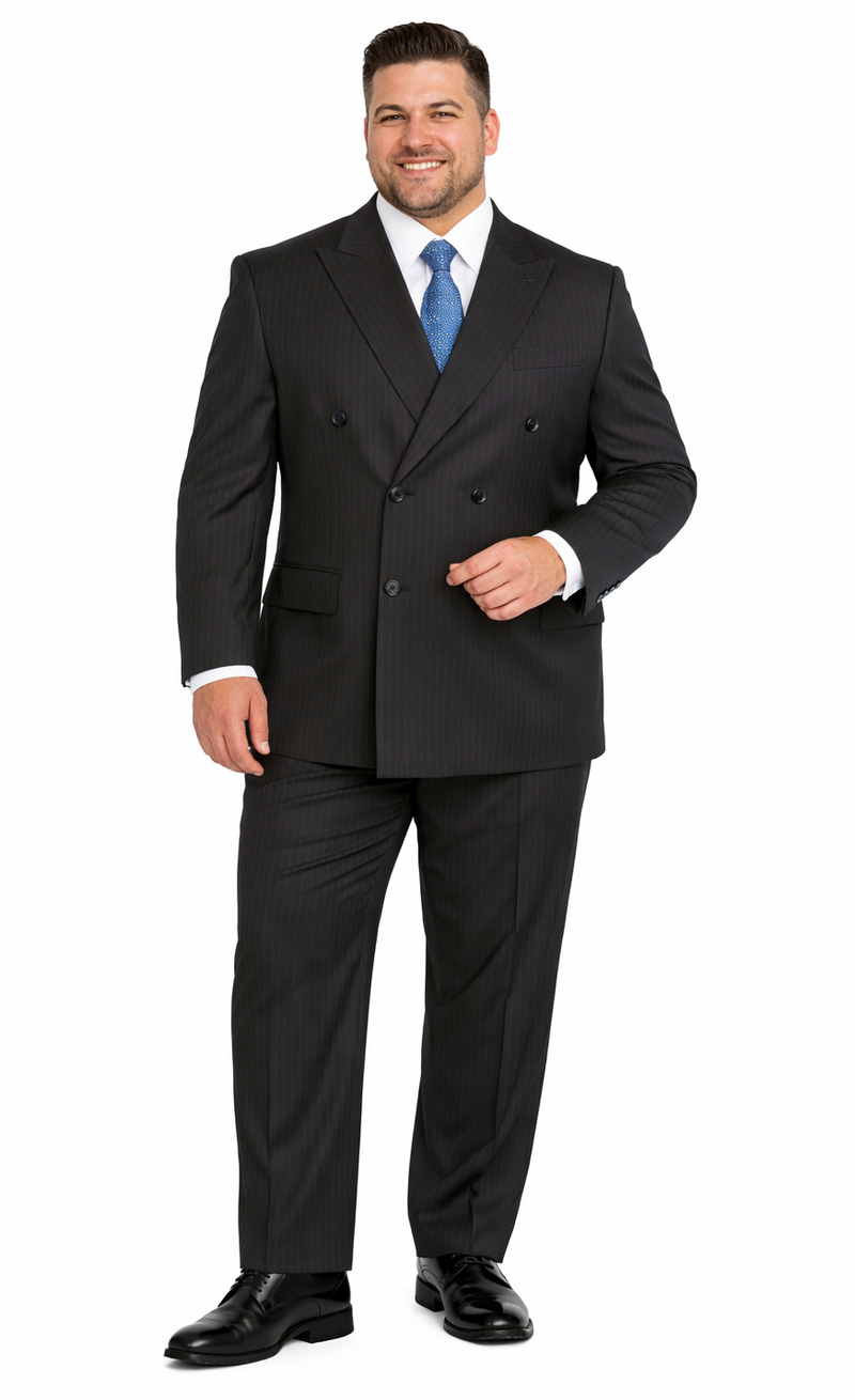 Dark gray, double-breasted suit with pinstripes. Jacket: wide lapels, two rows of buttons, pockets. Trousers: straight-cut. Smooth, polished textile.

